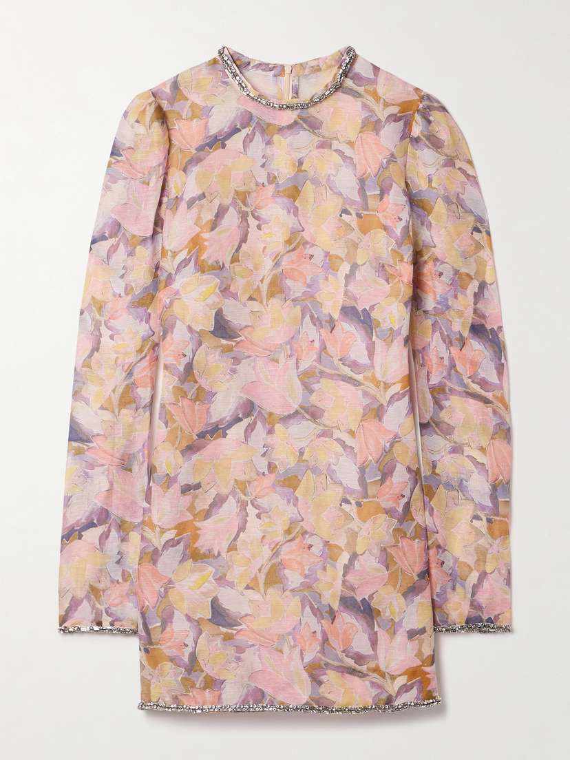 Zimmermann Illustration Crystal-embellished Floral-print Linen And Silk-blend Organza Mini Dress