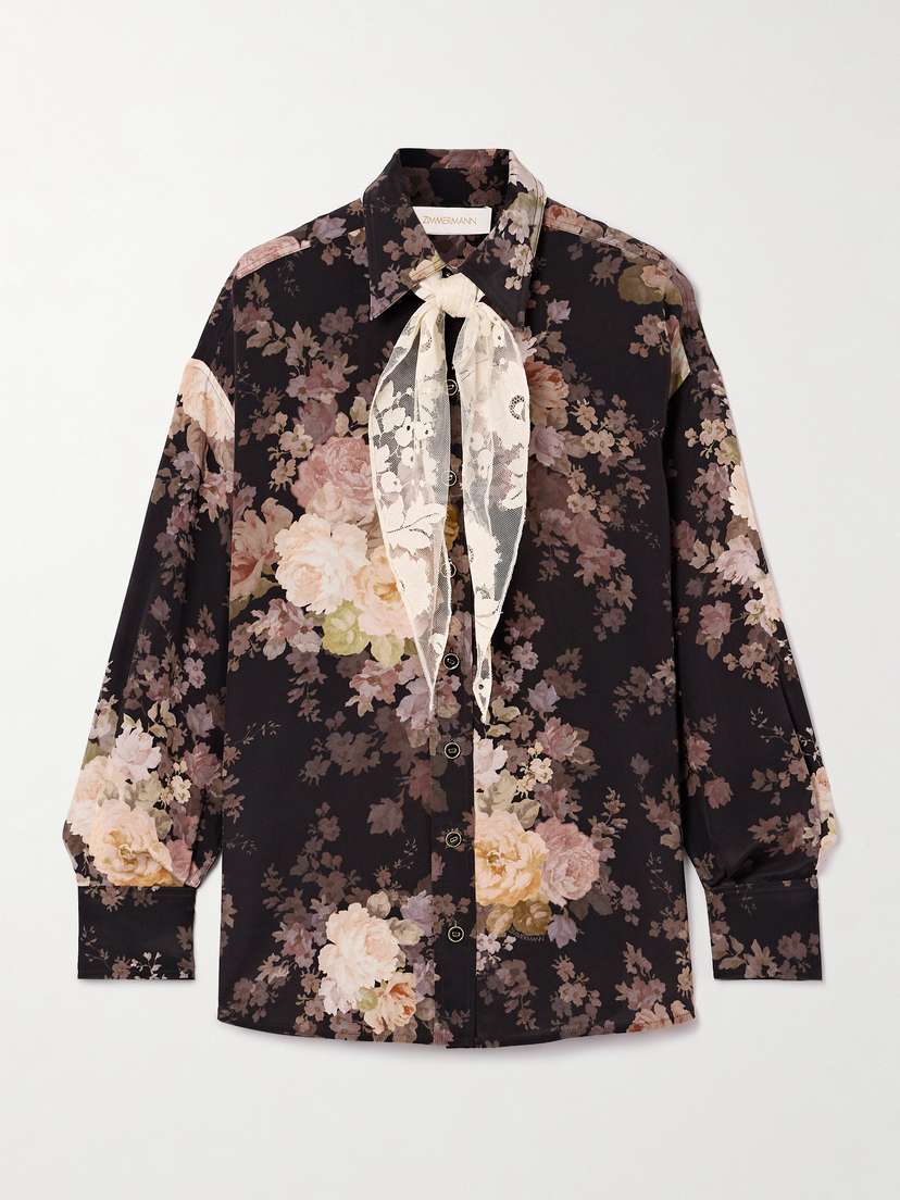 Zimmermann Illustration Lace-trimmed Floral-print Silk Crepe De Chine Shirt