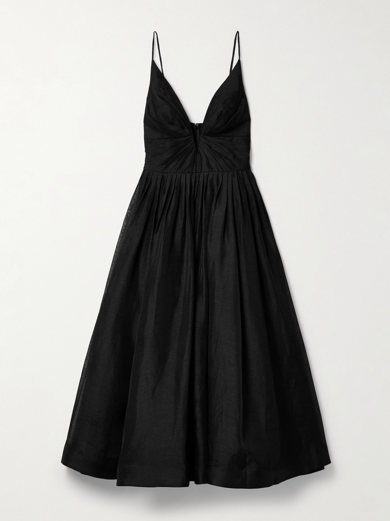 Zimmermann Illustration Pleated Linen And Silk-blend Midi Dress In Black