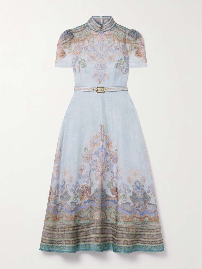 Zimmermann Eden Belted Printed Linen And Silk-blend Midi Dress