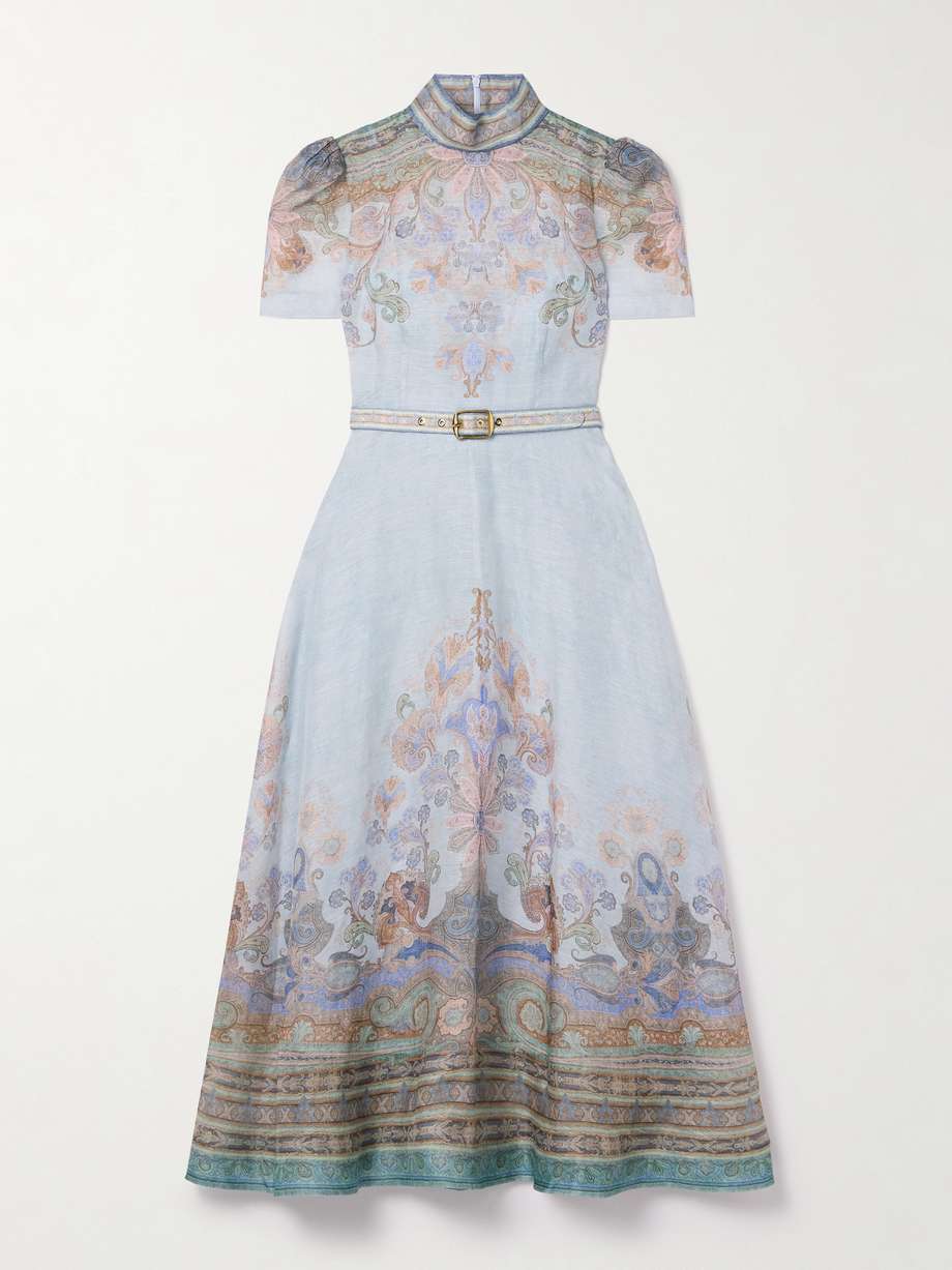 eden belted printed linen and silk-blend midi dress