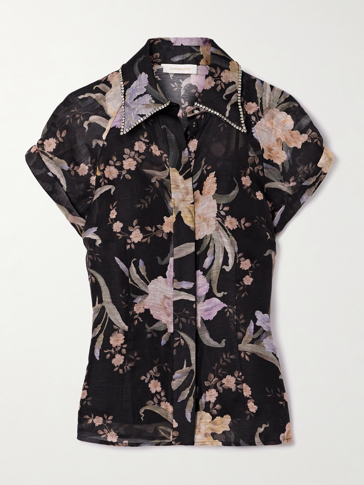 Zimmermann Eden Crystal-embellished Floral-print Linen And Silk-blend Shirt In Black