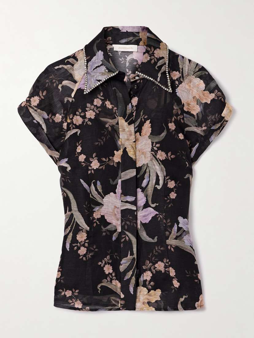 Zimmermann Eden Crystal-embellished Floral-print Linen And Silk-blend Shirt