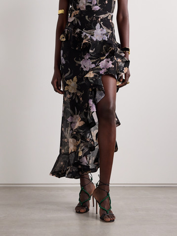 Zimmermann Eden Waterfall asymmetric ruffled floral-print linen and silk-blend midi skirt