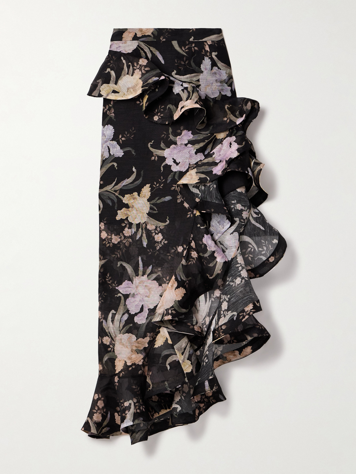Zimmermann - Eden Waterfall Asymmetric Ruffled Floral-print Linen And Silk-blend Midi Skirt - Black