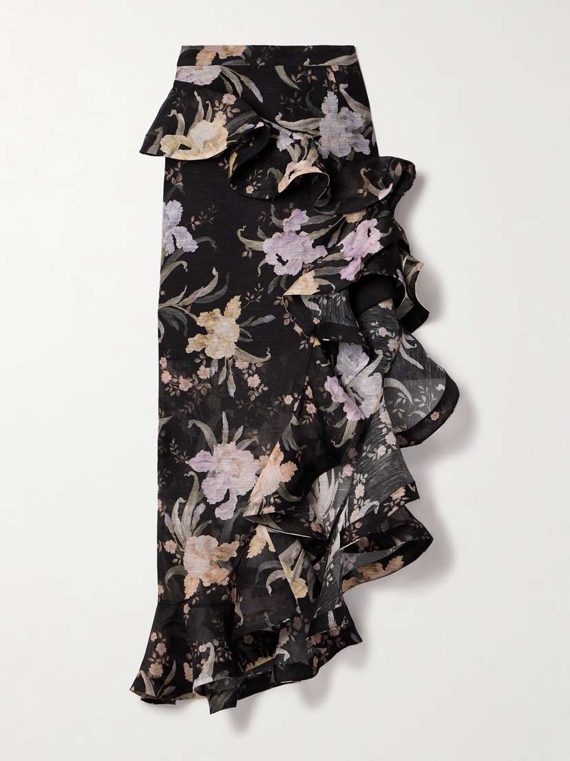Zimmermann Eden Waterfall Asymmetric Ruffled Floral-print Linen And Silk-blend Midi Skirt