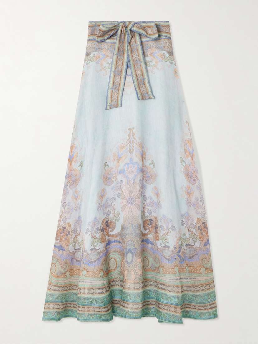 Zimmermann Eden Belted Paisley-print Linen And Silk-blend Organza Maxi Skirt