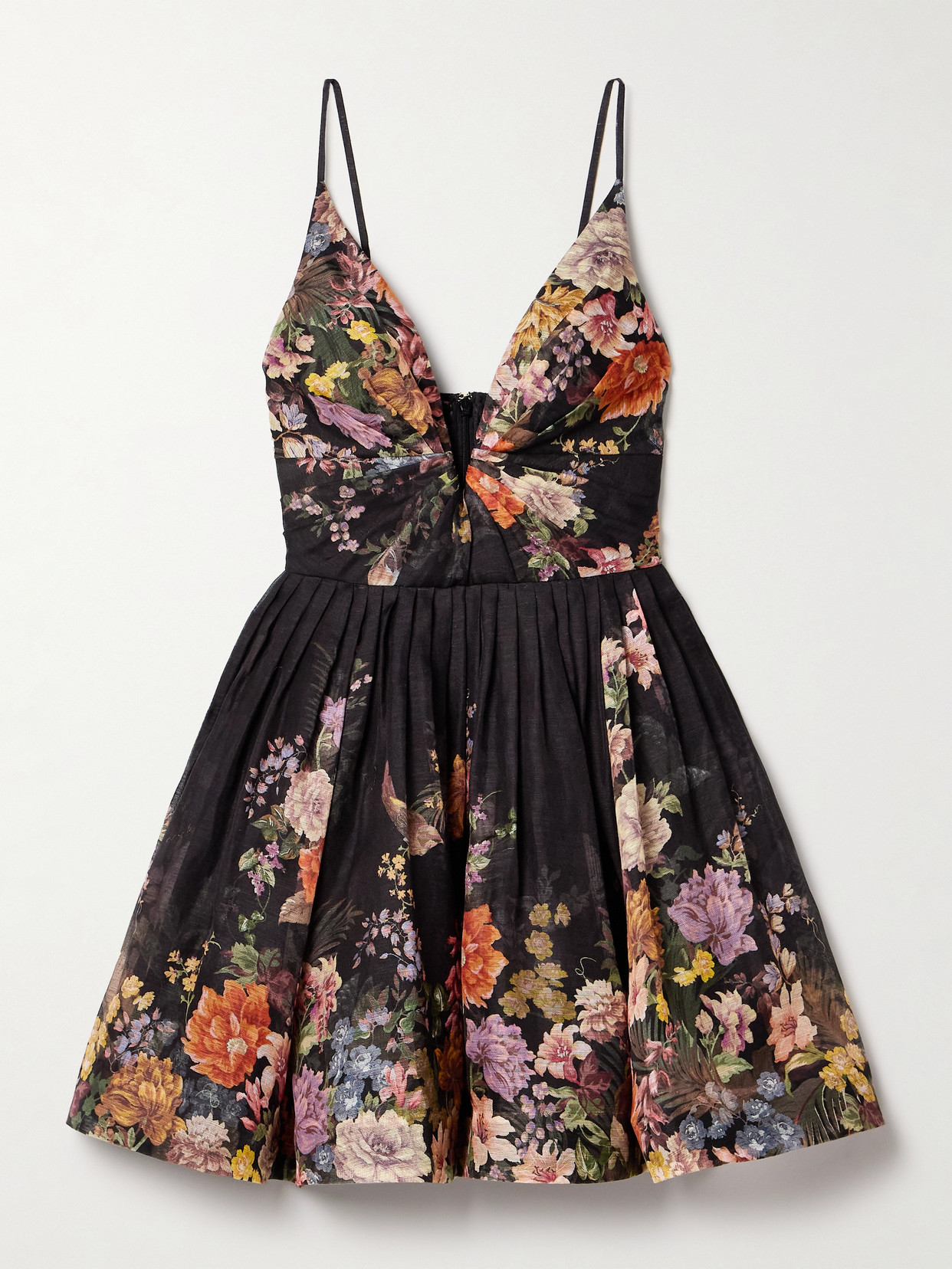 Zimmermann Pavilion Pleated Floral-print Linen And Silk-blend Mini Dress In Black