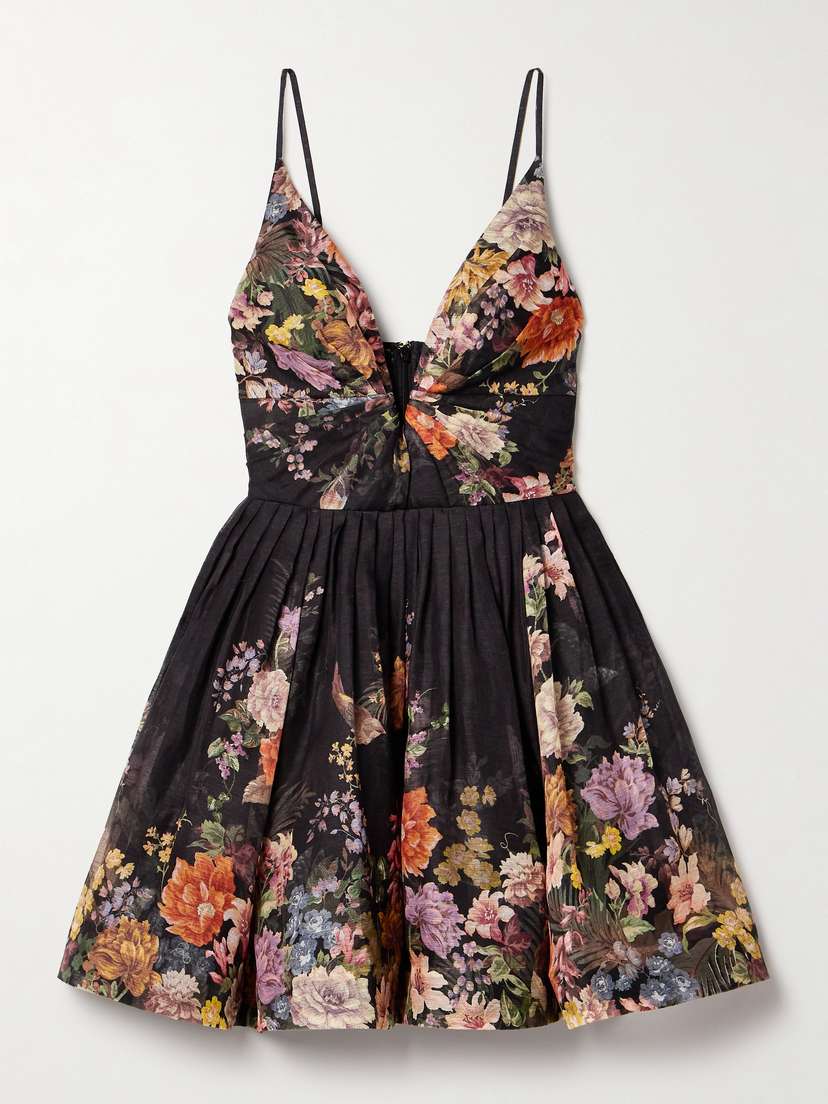Zimmermann Pavilion Pleated Floral-print Linen And Silk-blend Mini Dress