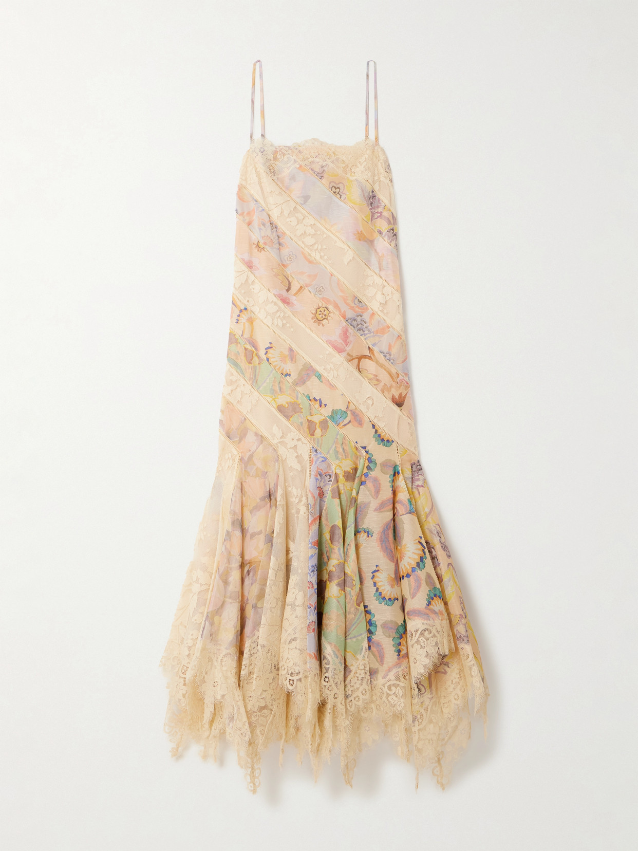 Zimmermann Eden Asymmetric Pleated Cotton-blend Lace And Printed Linen And Silk-blend Dress In Cream
