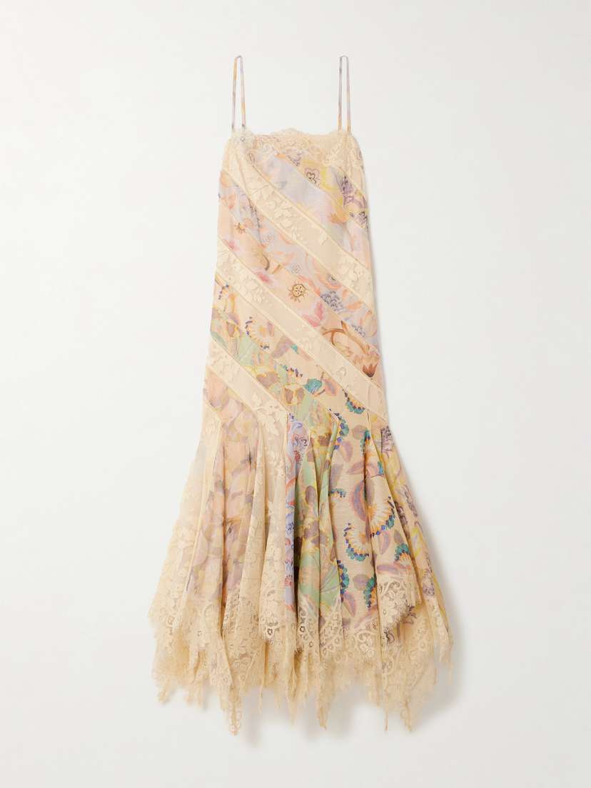 Zimmermann Eden Asymmetric Pleated Cotton-blend Lace And Printed Linen And Silk-blend Dress