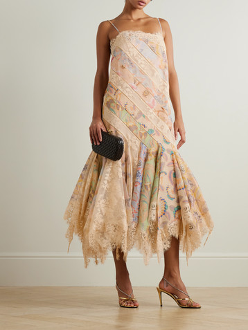 Zimmermann Eden asymmetric pleated cotton-blend lace and printed linen and silk-blend dress