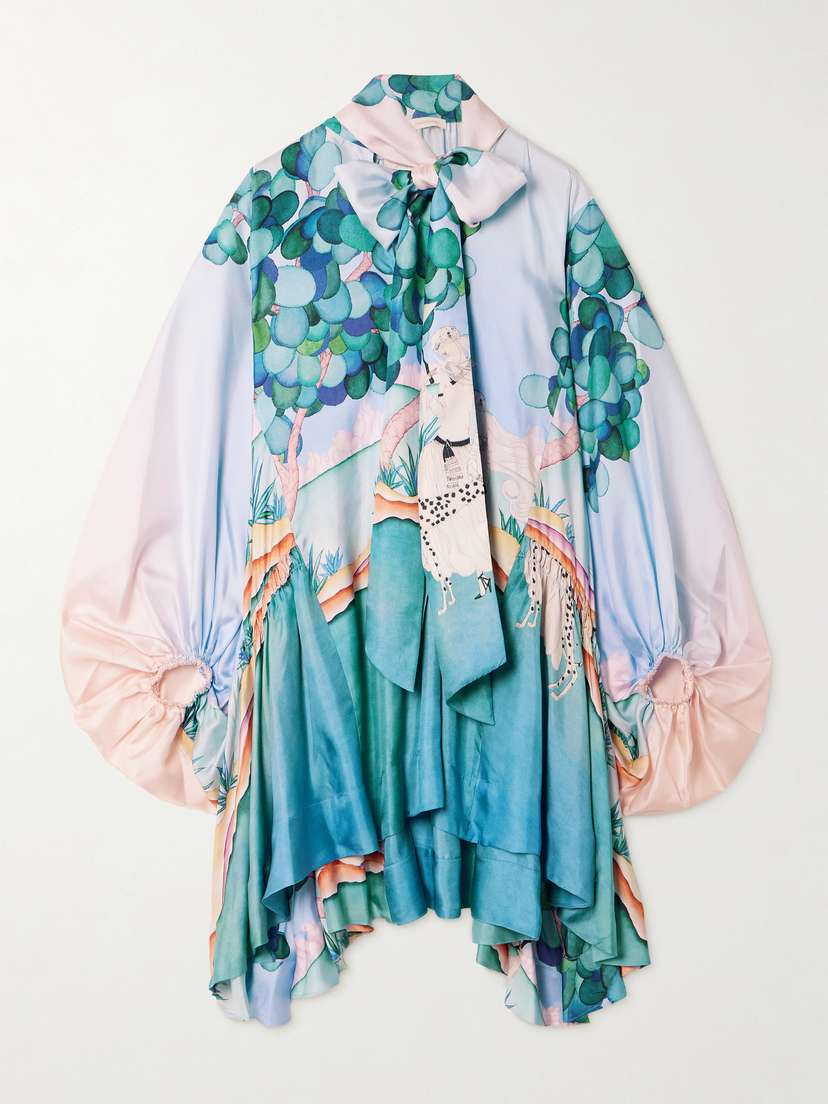 Zimmermann Eden Billow Pussy-bow Printed Silk Mini Dress