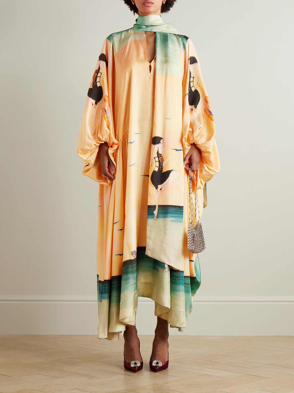 Zimmermann Eden Billow Printed Silk Satin Gown In Yellow
