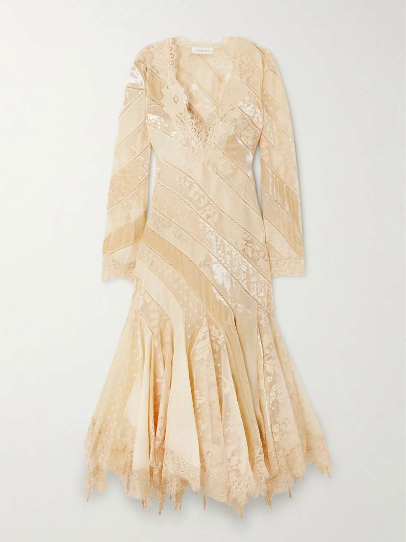 Zimmermann Eden Ruffled Paneled Lace-trimmed Devoré-velvet And Linen Maxi Dress