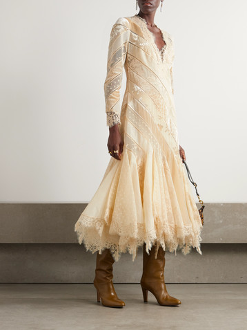 Zimmermann Eden ruffled paneled lace-trimmed devoré-velvet and linen maxi dress