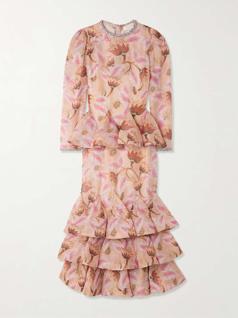 Zimmermann Illustration Crystal-embellished Tiered Floral-print Linen And Silk-blend Maxi Dress