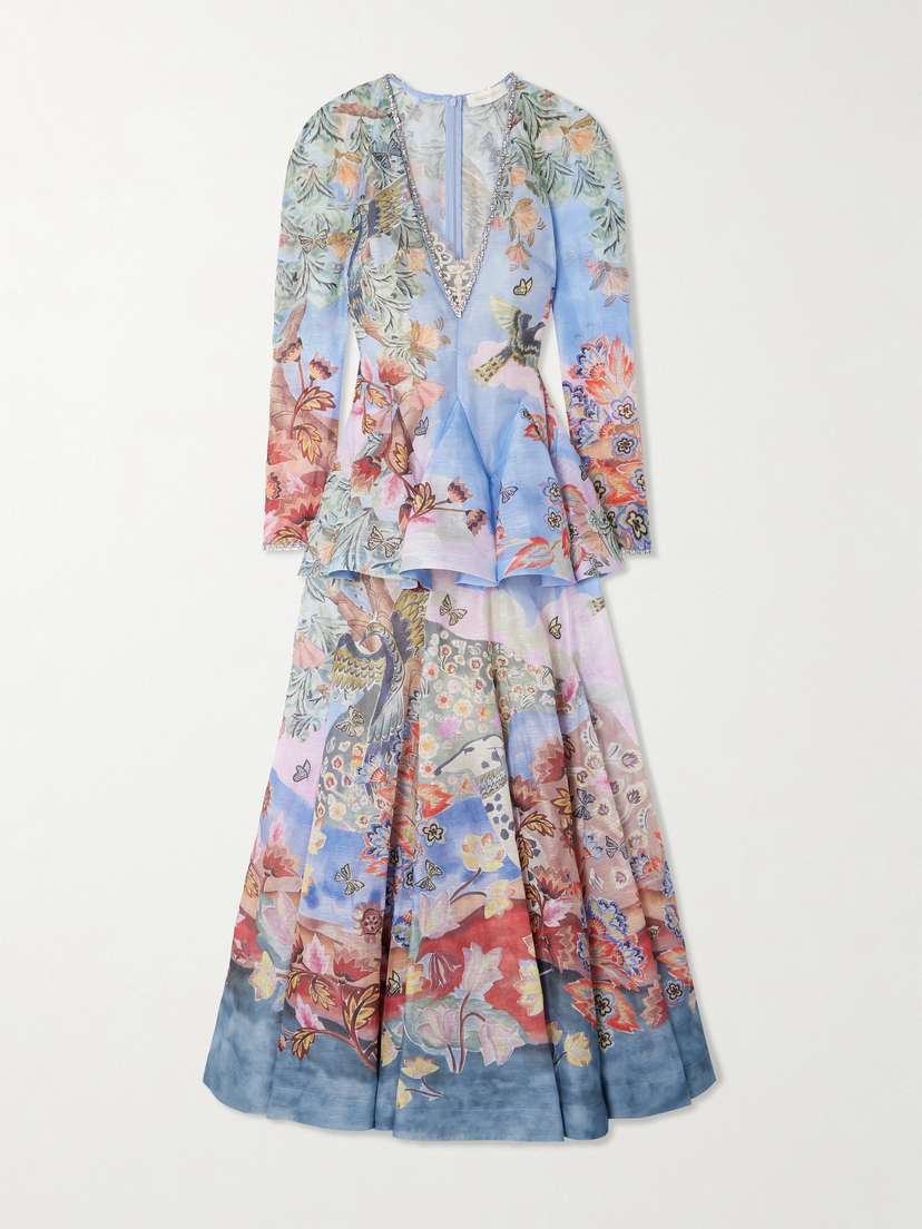 Zimmermann Illustration Crystal-embellished Lace-trimmed Floral-print Linen And Silk-blend Maxi Dress
