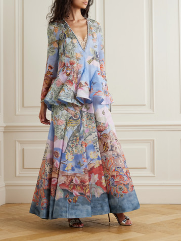 Zimmermann Illustration crystal-embellished lace-trimmed floral-print linen and silk-blend maxi dress