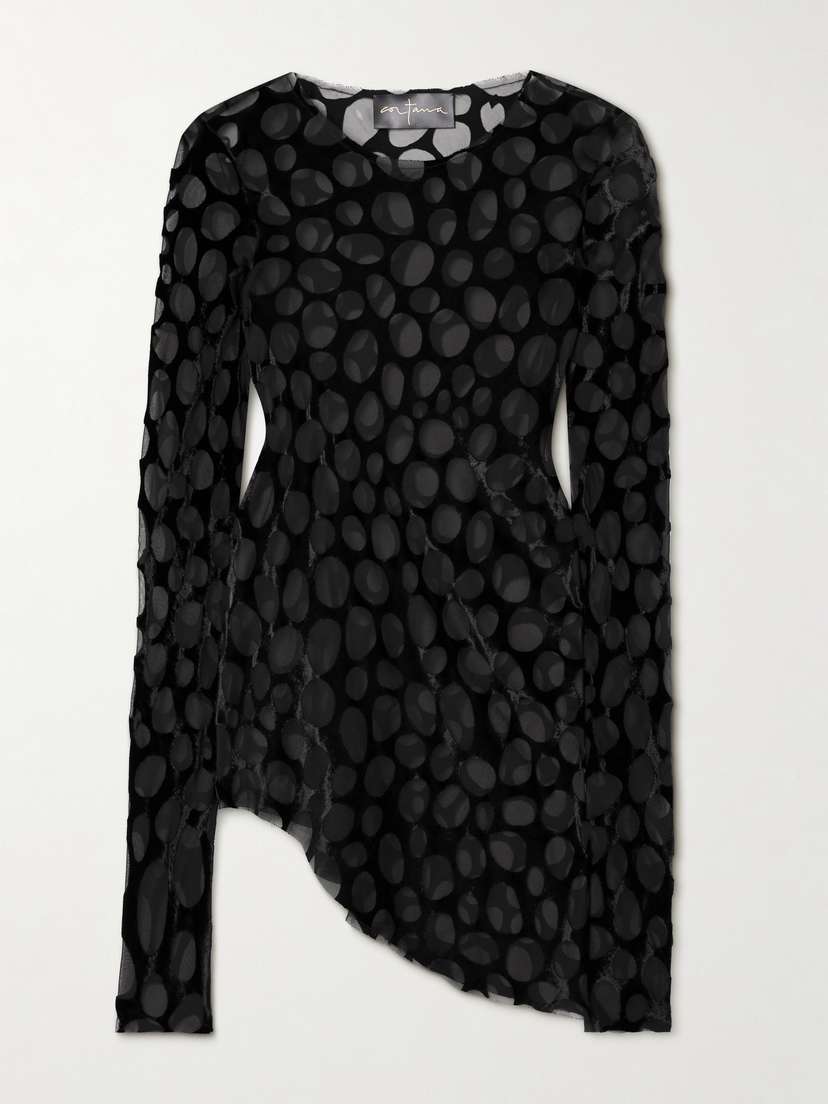 Cortana Pebbles Asymmetric Polka-dot Devoré-chiffon Top