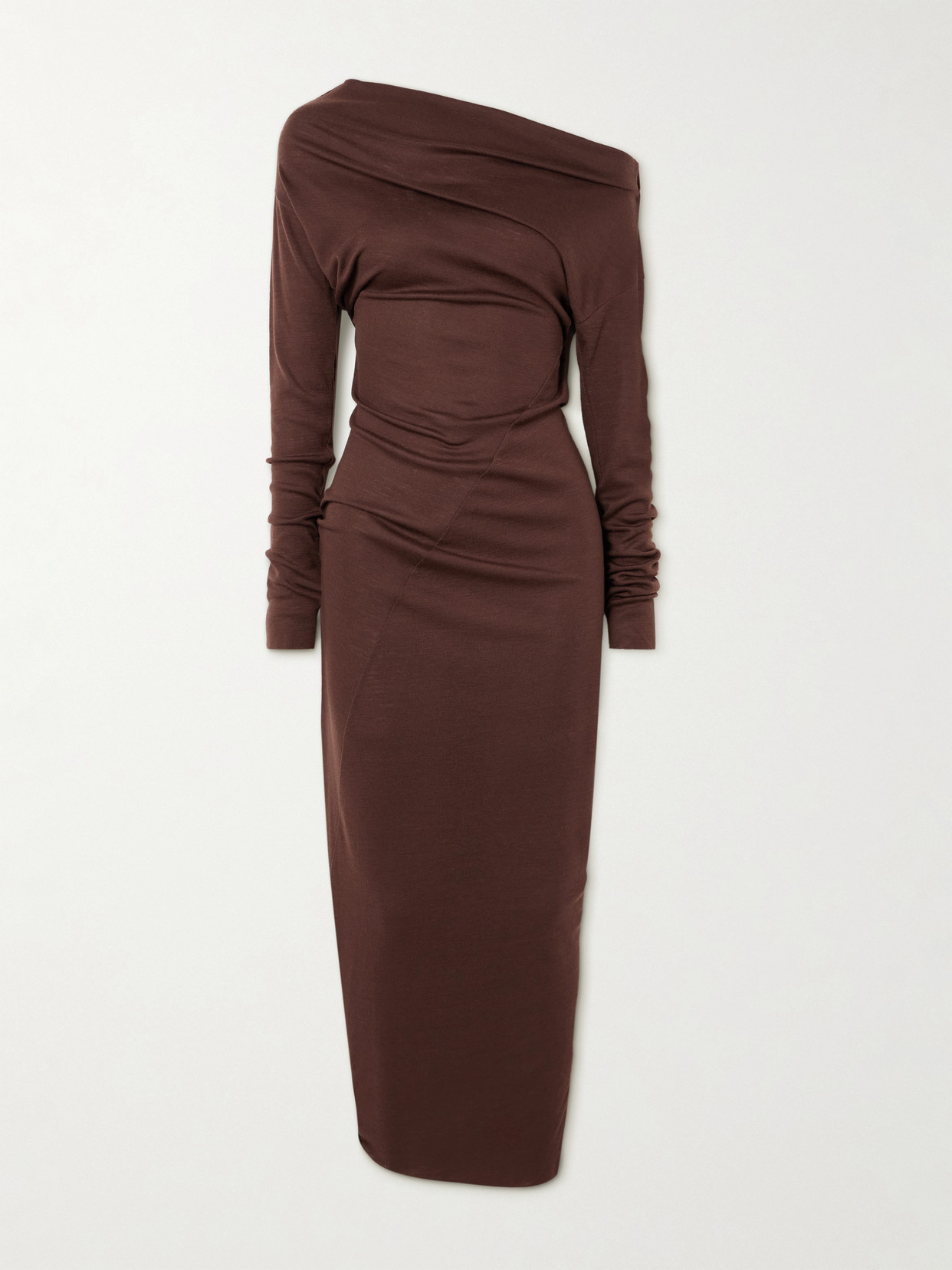 Cortana Genie Draped Paneled Wool-jersey Maxi Dress In Brown