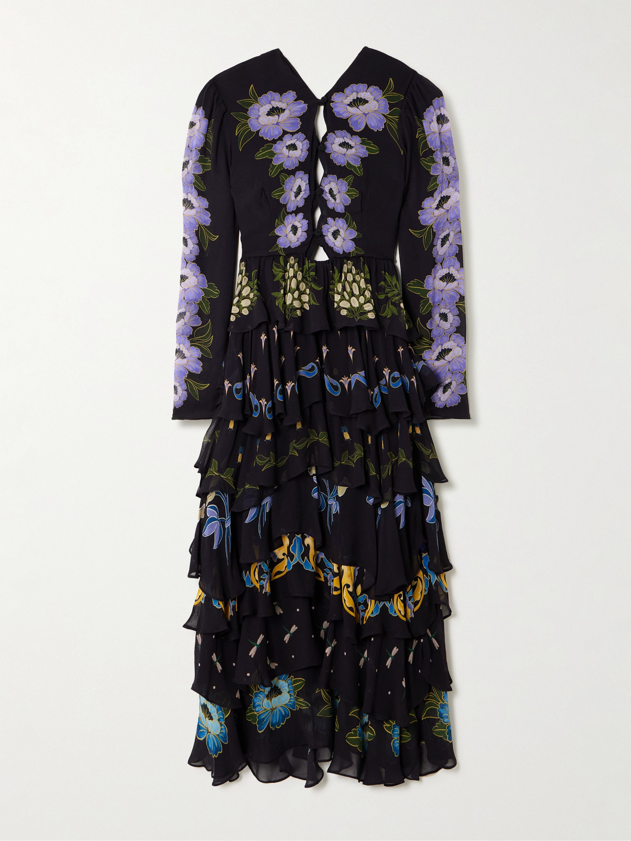 Farm Rio Ruffled Tiered Printed Georgette Maxi Dress In Black