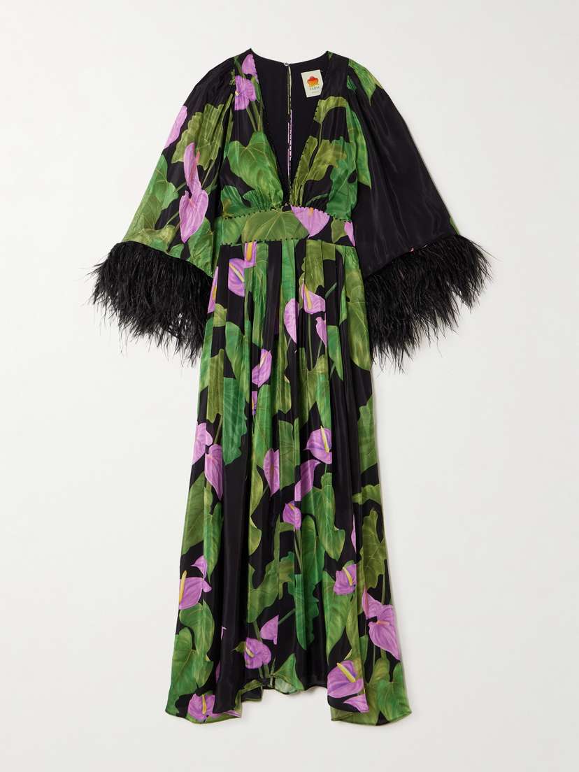 Farm Rio Feather-trimmed Floral-print Crepe Maxi Dress - x large