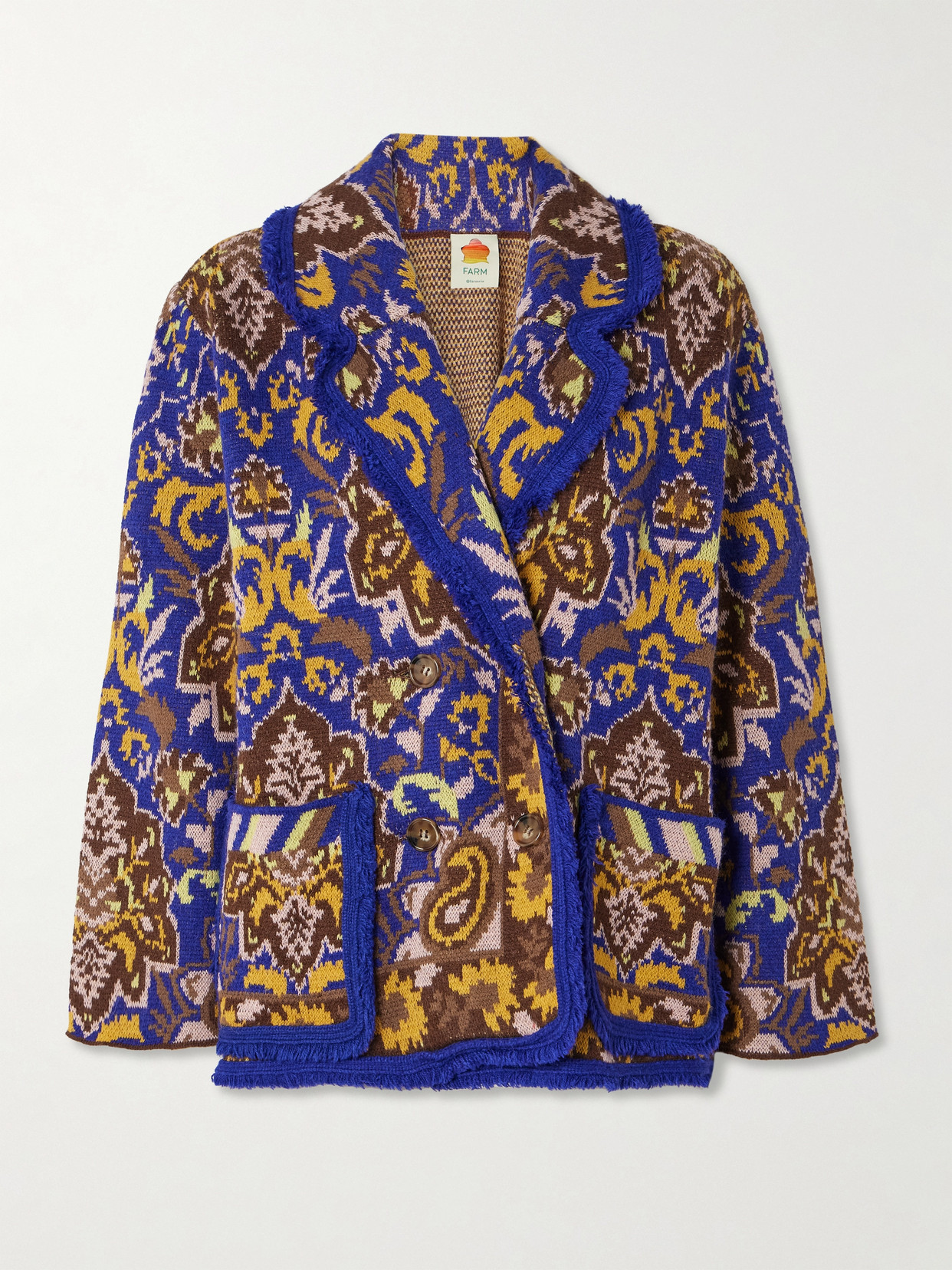 Farm Rio Glam Tapestry Knit Wrap Jacket In Blue