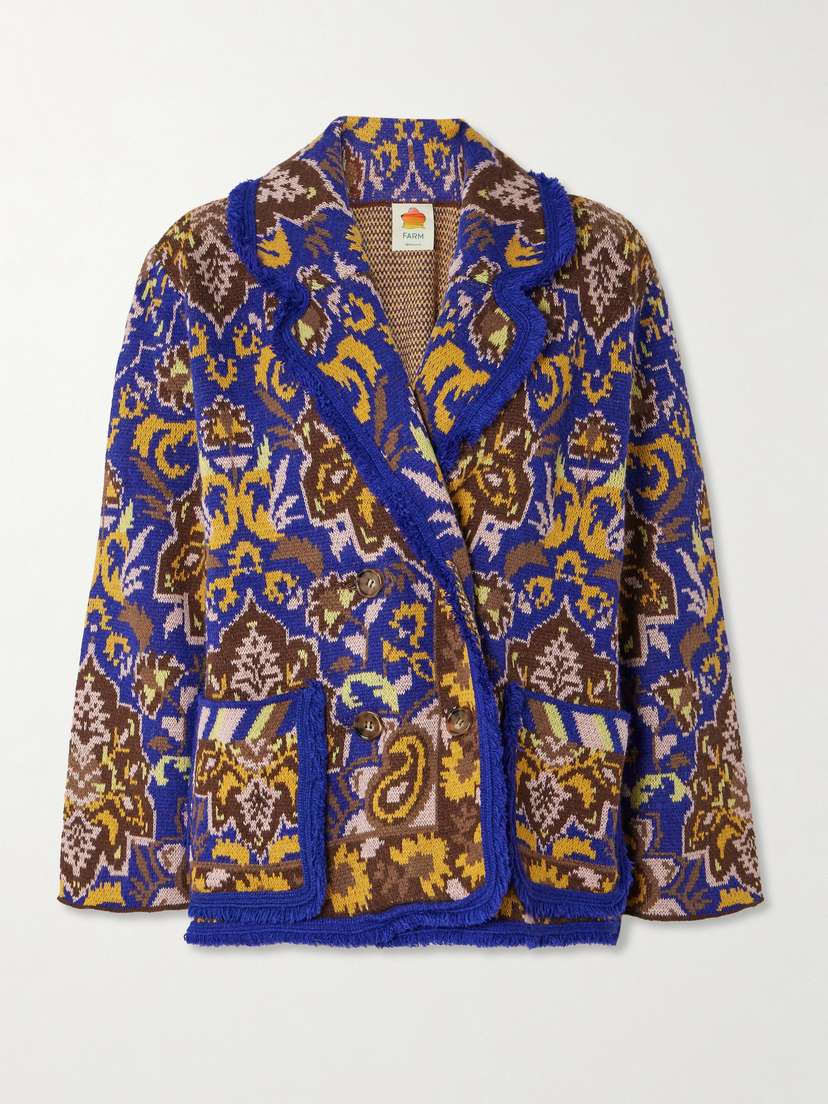 Farm Rio Glam Tapestry Belted Double-breasted Jacquard-knit Blazer - x large