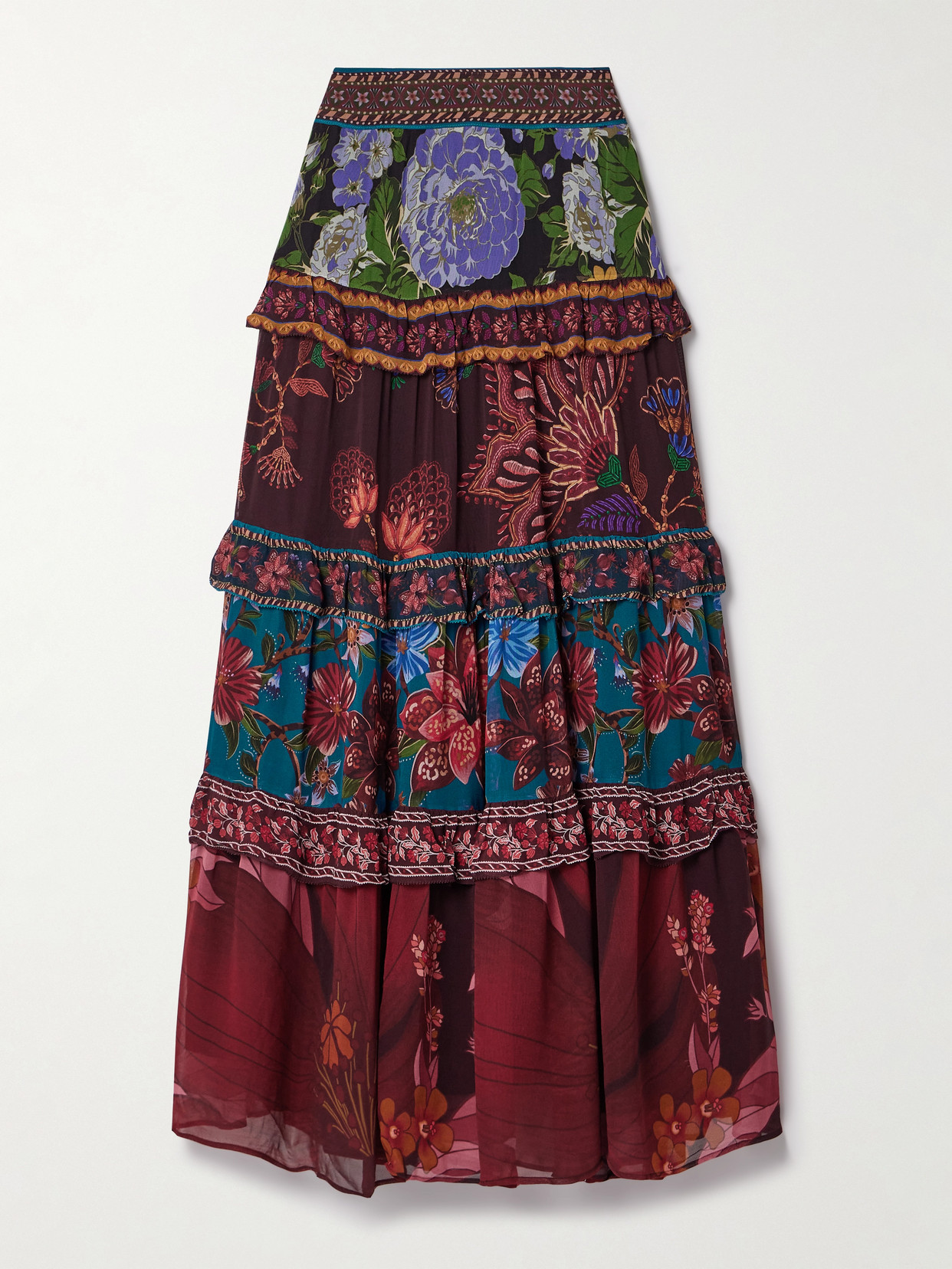 FARM RIO TIERED FLORAL-PRINT GEORGETTE MAXI SKIRT