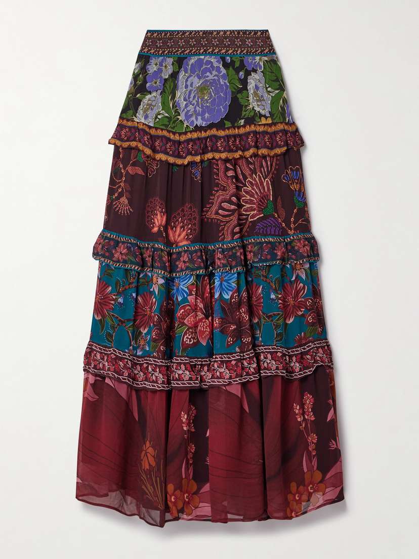 Farm Rio Tiered Floral-print Georgette Maxi Skirt