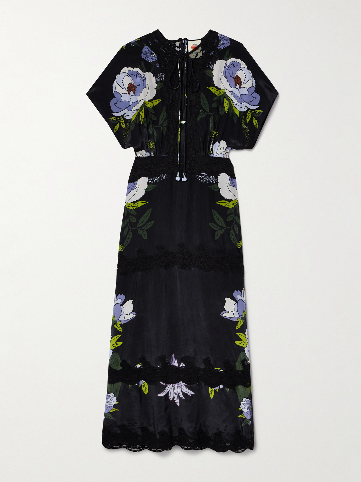 Shop Farm Rio Lace-trimmed Floral-print Crepe De Chine Maxi Dress In Black