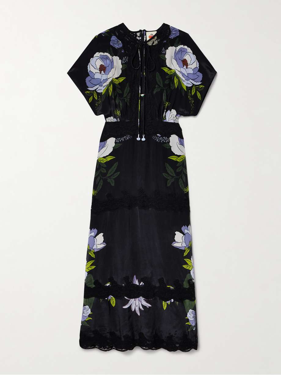 lace-trimmed floral-print crepe de chine maxi dress