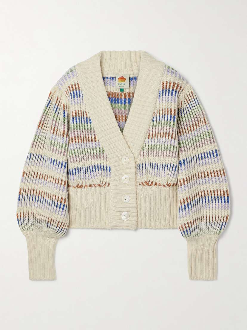 Farm Rio Striped Ribbed-knit Cardigan - x large