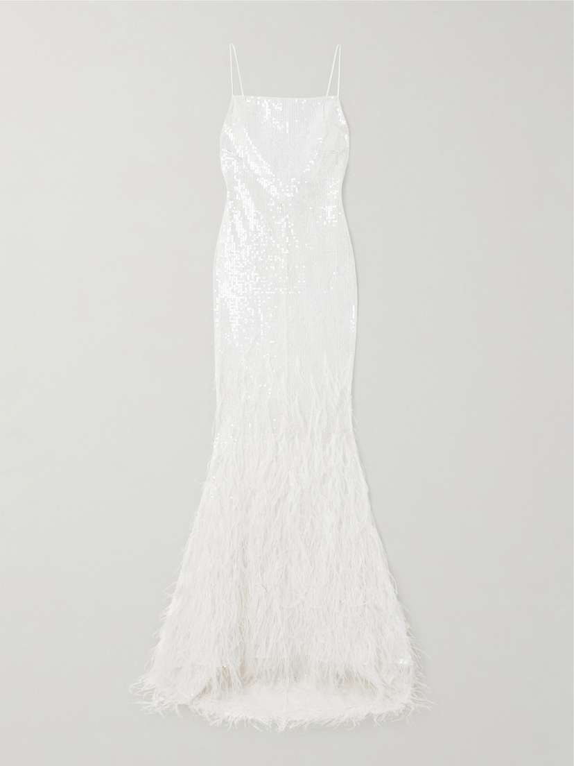 Retrofête Odessa Feather-trimmed Sequined Lace Gown