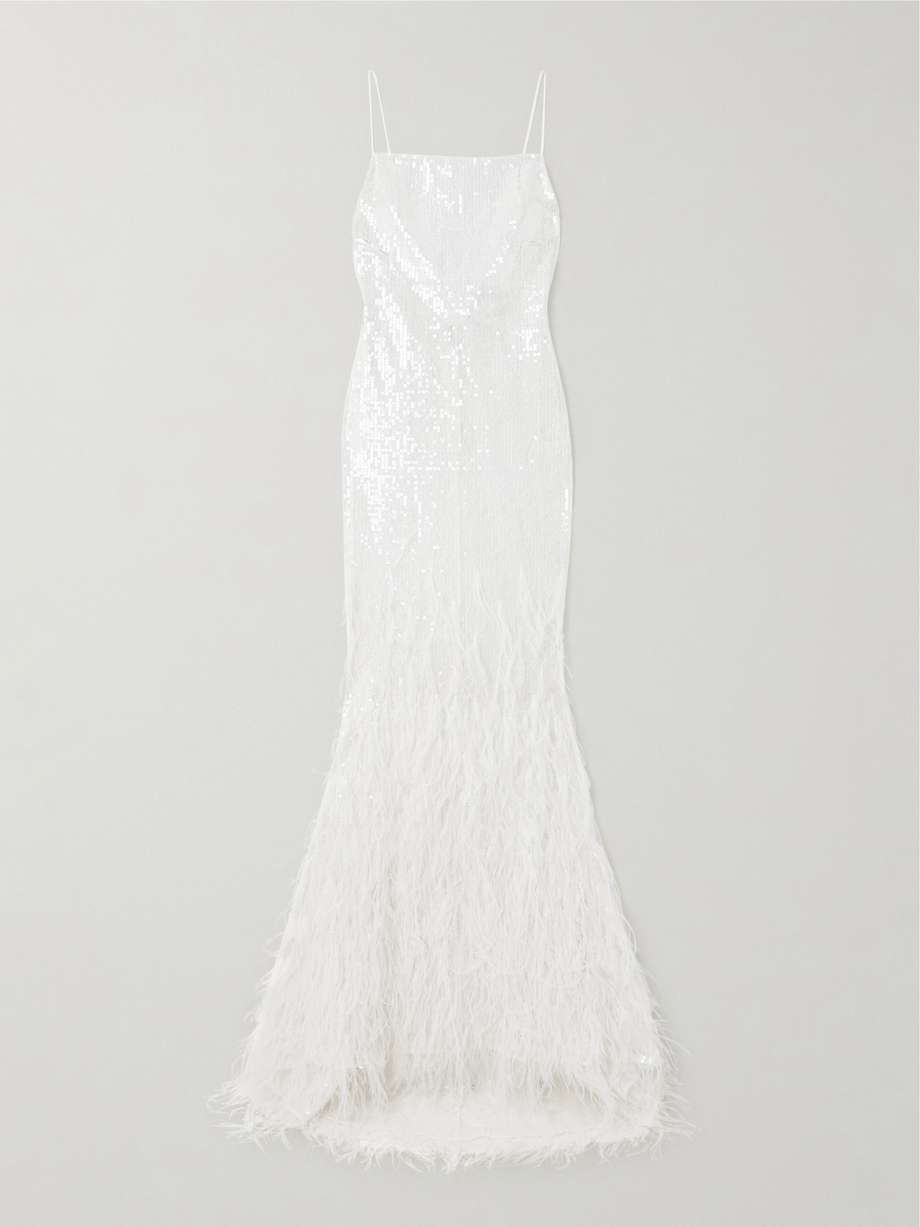 odessa feather-trimmed sequined lace gown