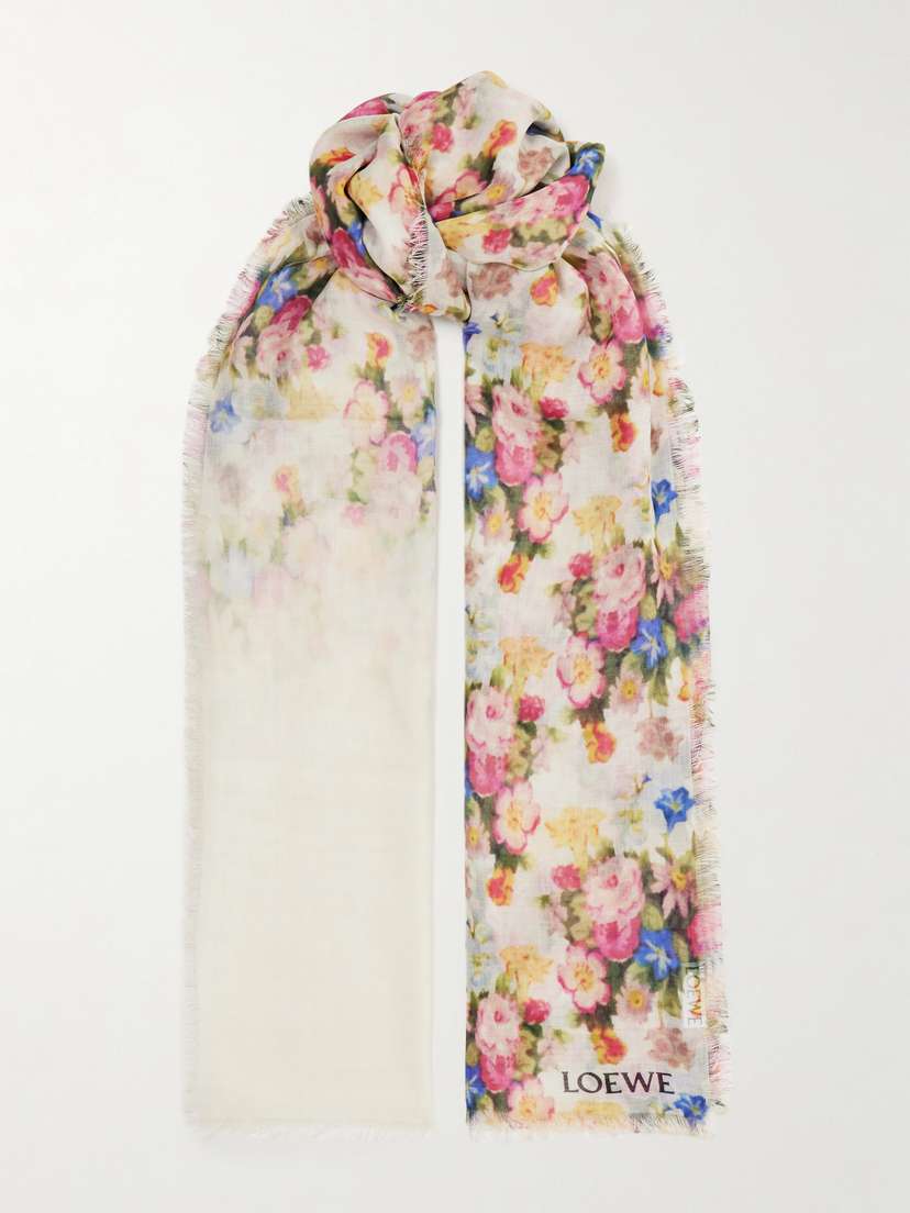 Loewe Frayed Floral-print Cashmere And Silk-blend Scarf