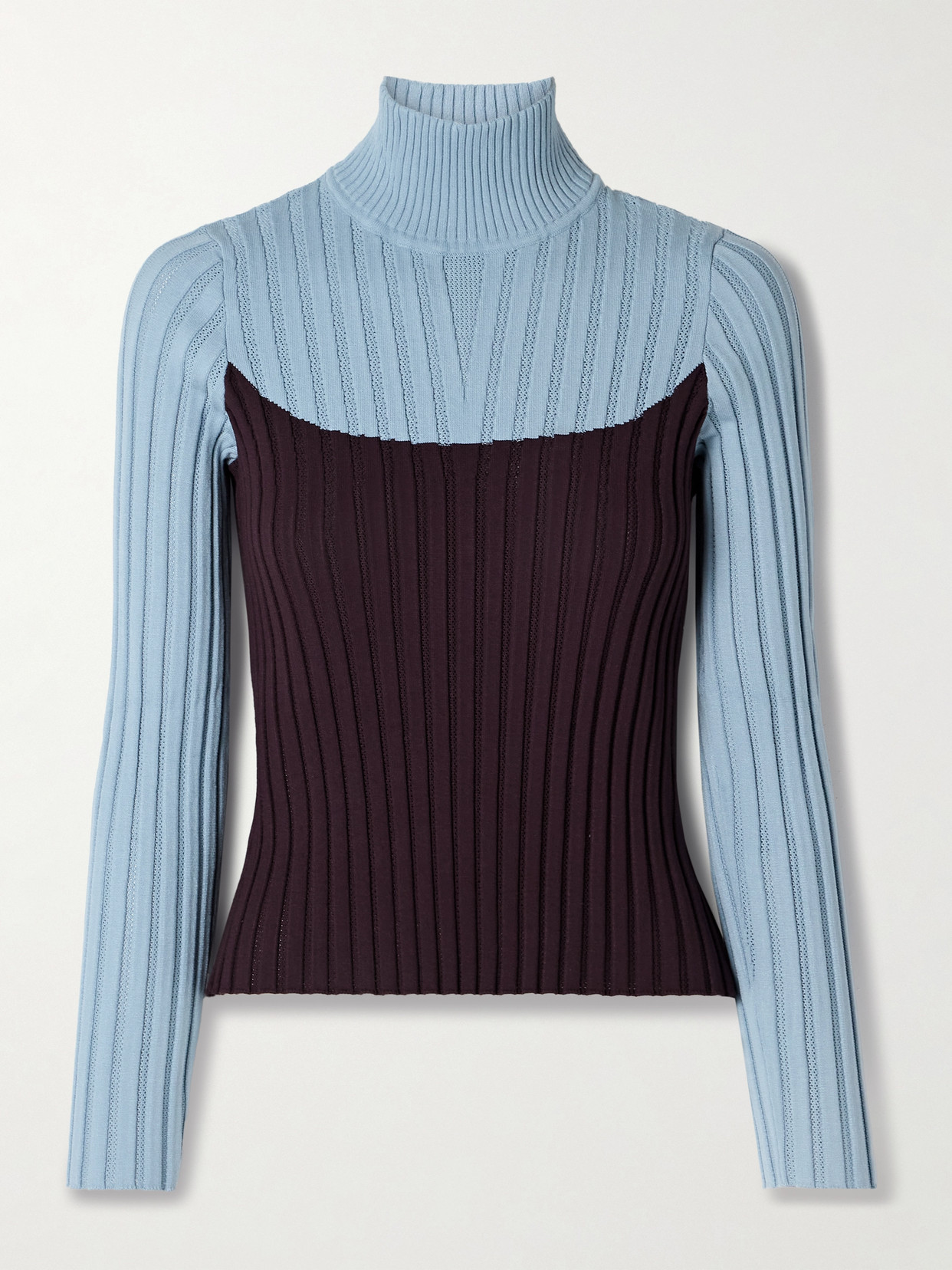 Tory Burch - Two-tone Ribbed Pointelle-knit Turtleneck Sweater - Blue