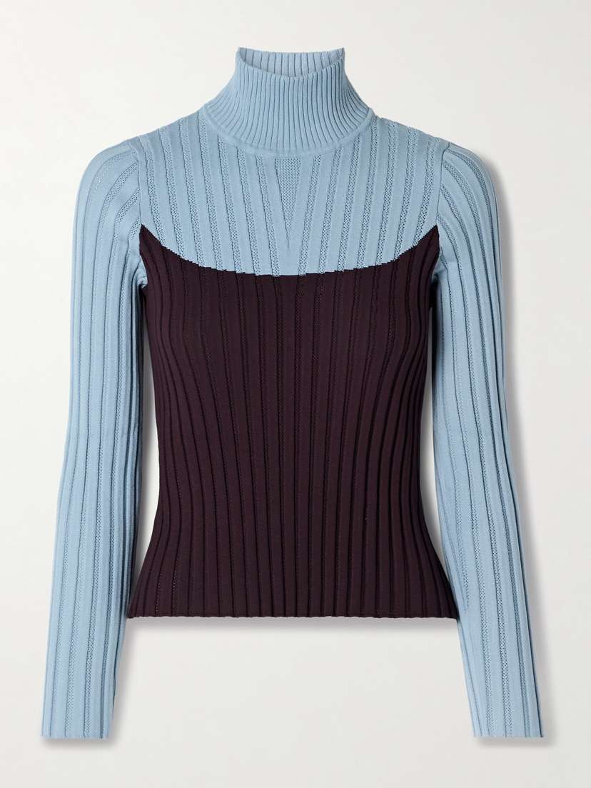 Tory Burch Two-tone Ribbed Pointelle-knit Turtleneck Sweater - x large