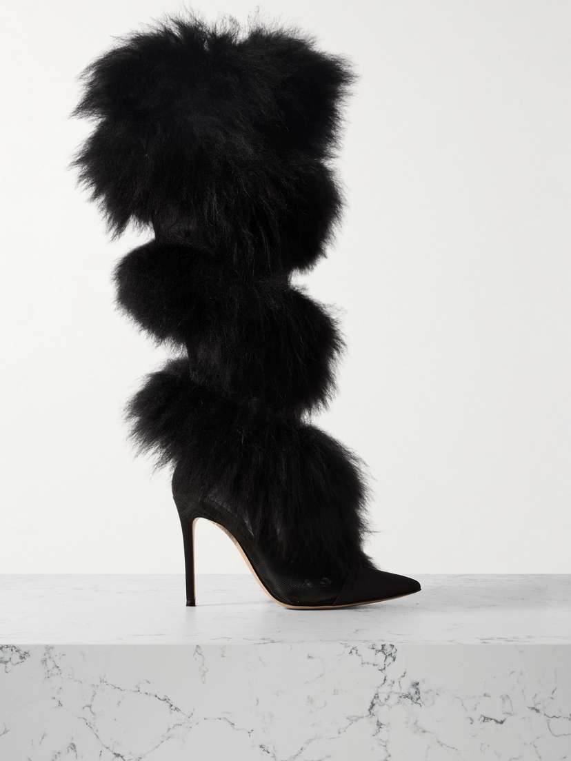 Gianvito Rossi Faux Fur-trimmed Mesh And Satin Knee Boots