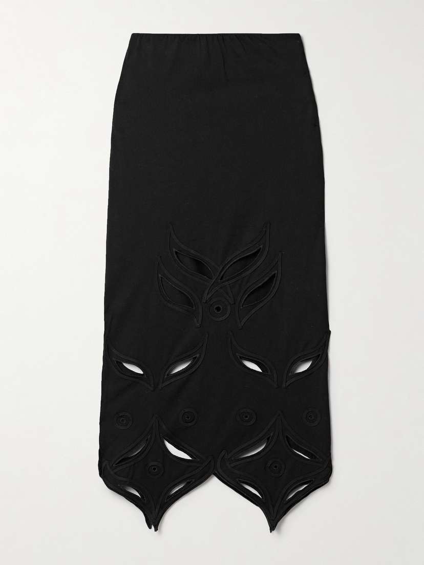 Conner Ives Schiffli Cutout Appliquéd Embroidered Cotton-jersey Midi Skirt