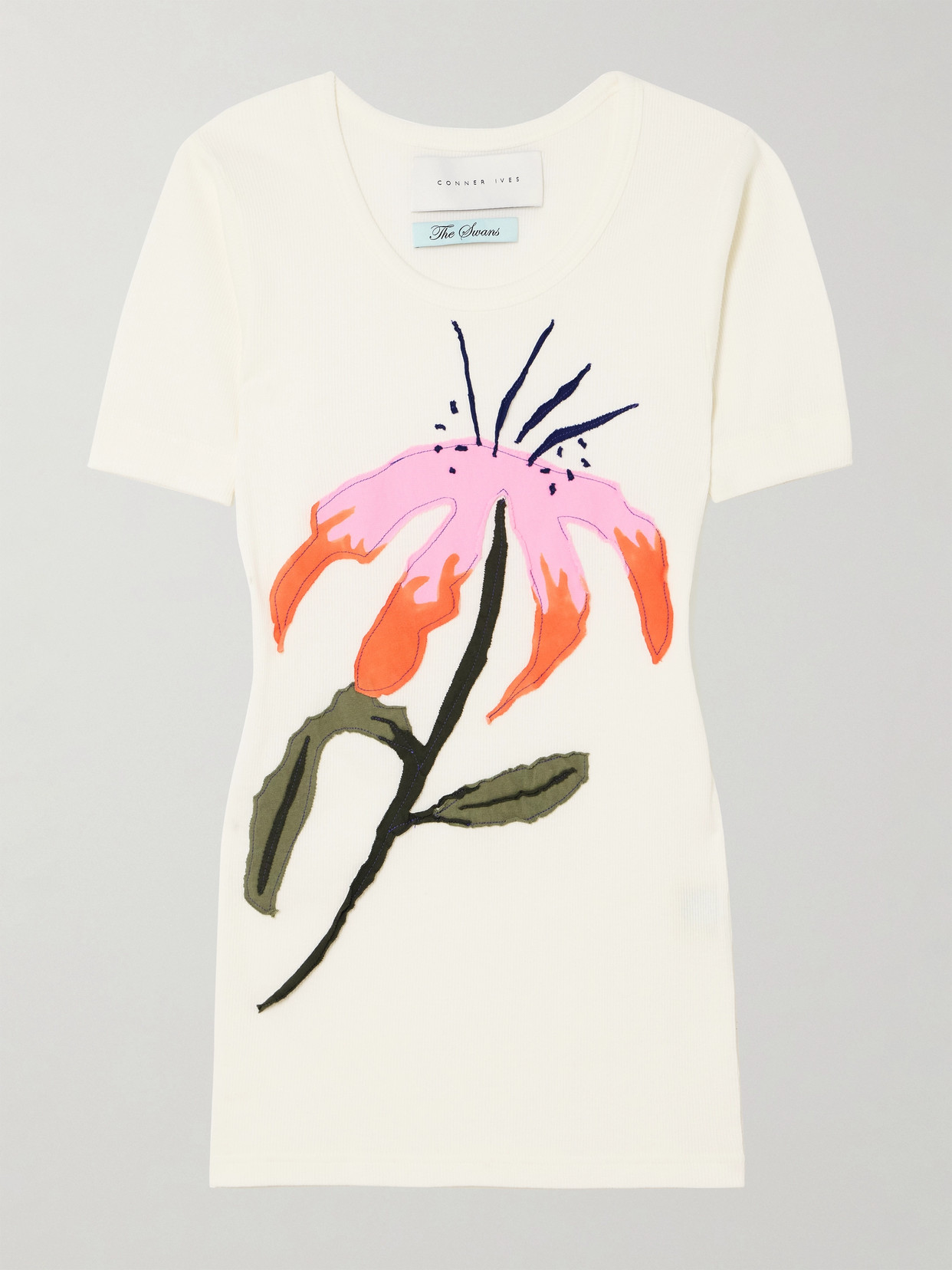 CONNER IVES FLORAL-APPLIQUÉD RIBBED COTTON-JERSEY T-SHIRT