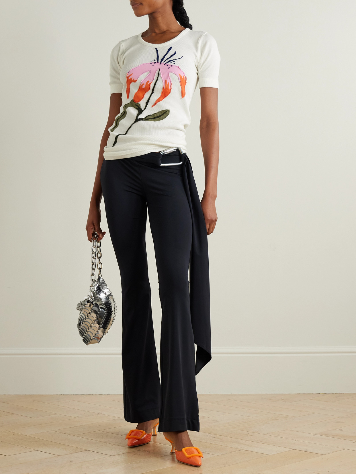CONNER IVES FLORAL-APPLIQUÉD RIBBED COTTON-JERSEY T-SHIRT