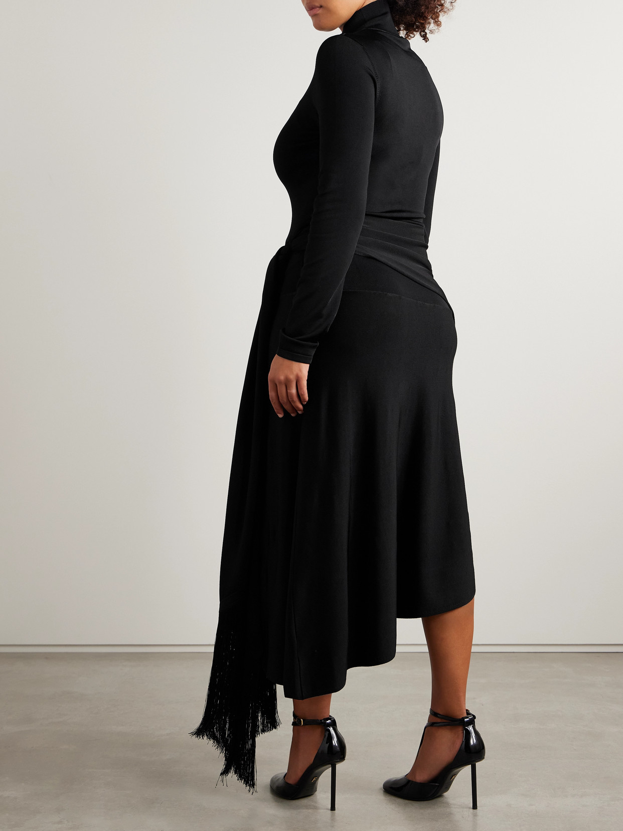 Adam Lippes Asymmetric Draped Fringed Stretch-knit Turtleneck Midi Dress In Black