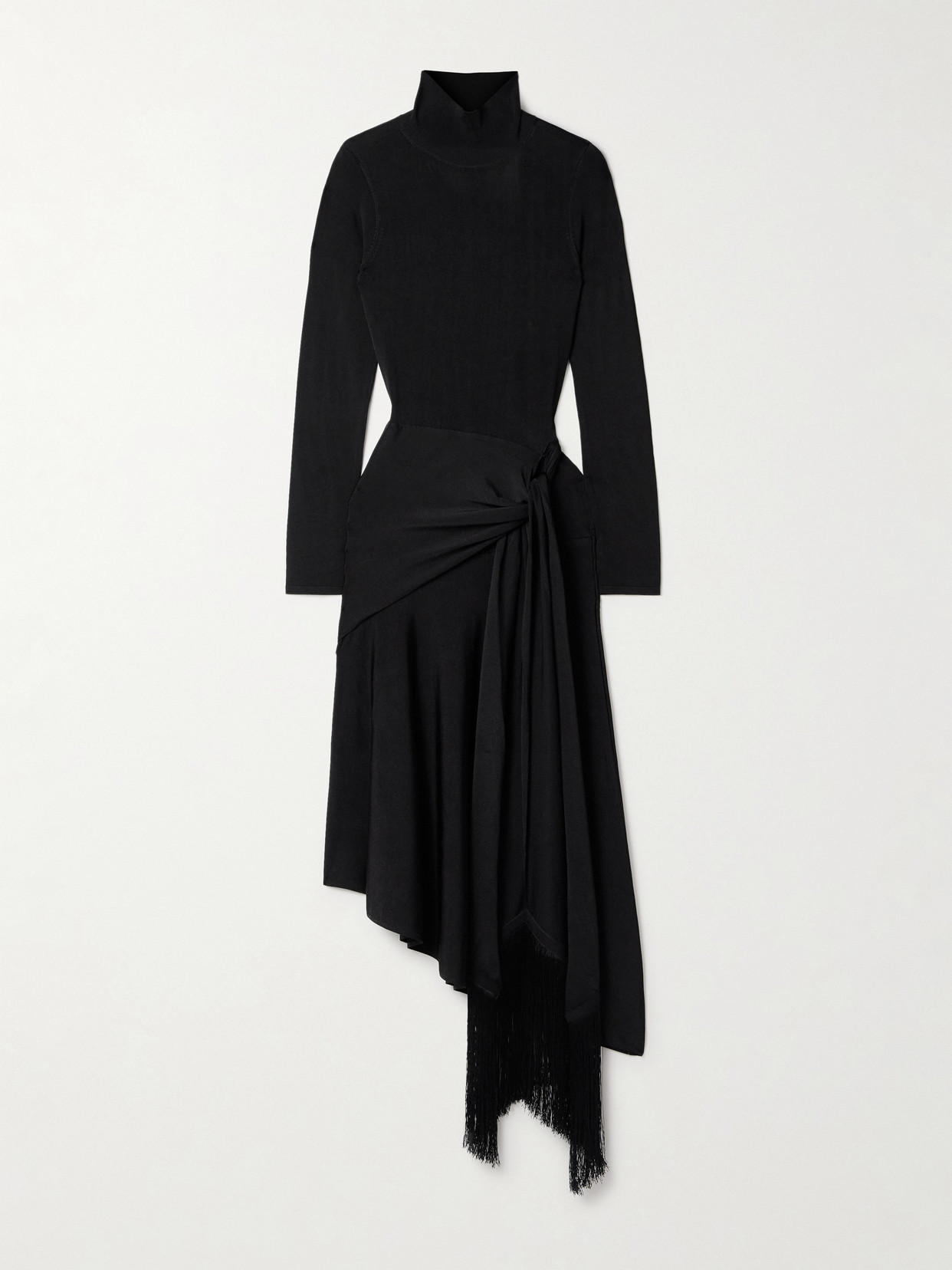 Adam Lippes Asymmetric Draped Fringed Stretch-knit Turtleneck Midi Dress In Black
