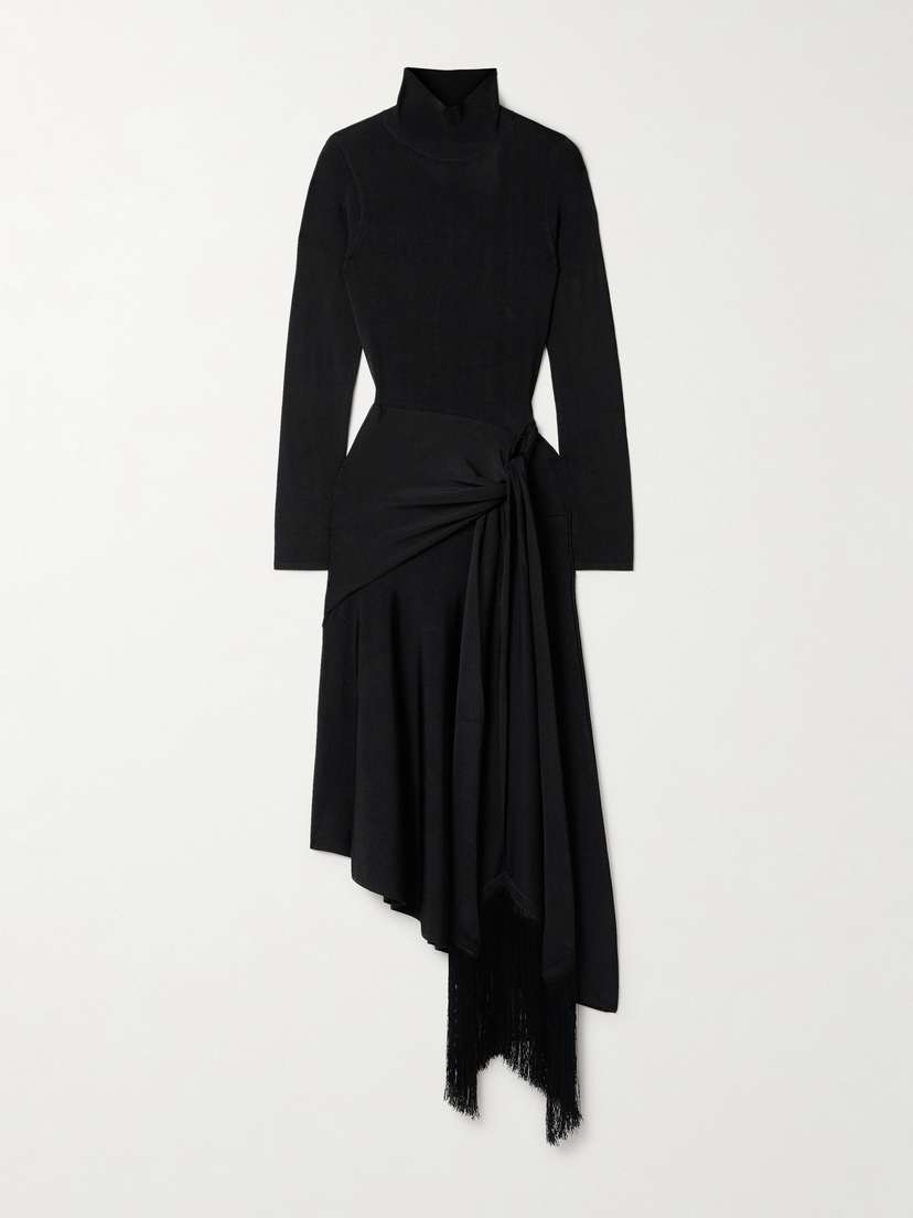 Adam Lippes Asymmetric Draped Fringed Stretch-knit Turtleneck Midi Dress