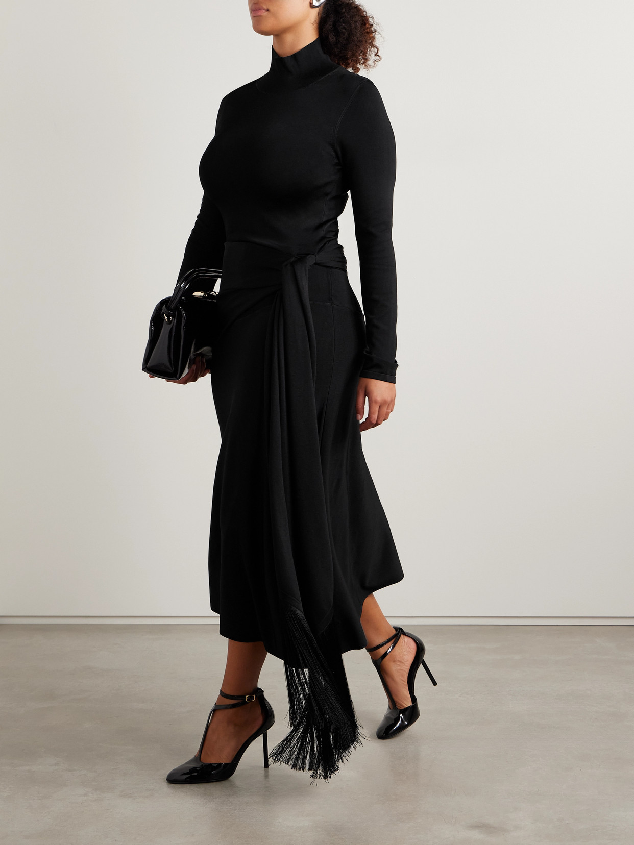 Adam Lippes Asymmetric Draped Fringed Stretch-knit Turtleneck Midi Dress In Black