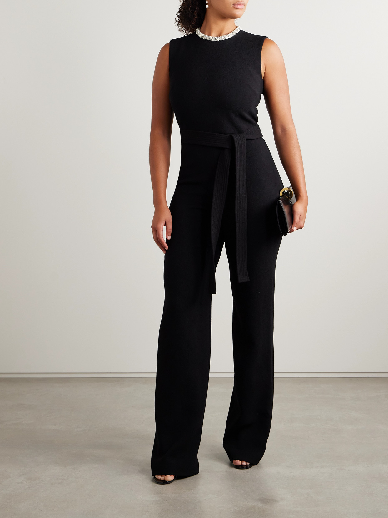 Adam Lippes Barclay Belted Embellished Wool-crepe Jumpsuit In Black