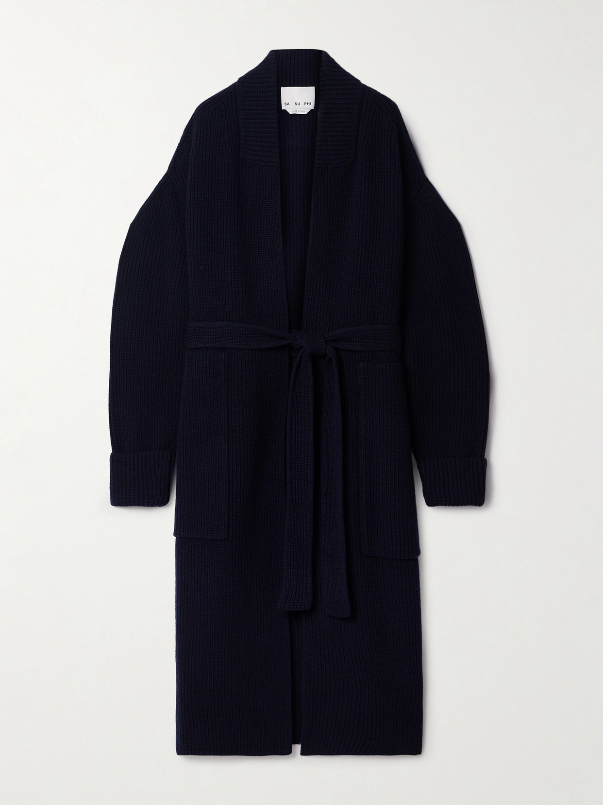 Sa Su Phi Belted Ribbed Merino Wool And Cashmere-blend Cardigan In Blue
