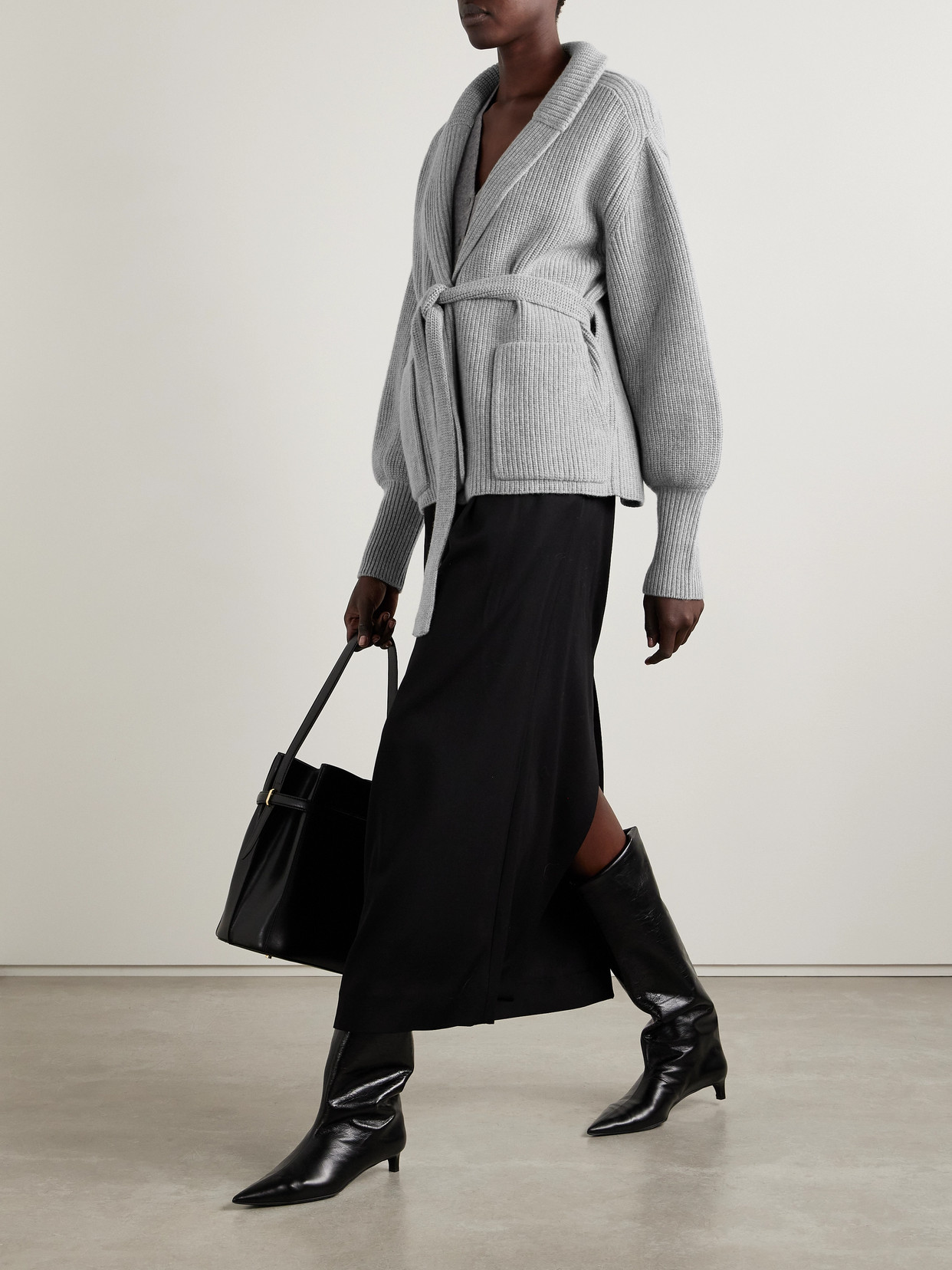 Sa Su Phi E.r. Belted Ribbed Merino Wool And Cashmere-blend Cardigan In Gray